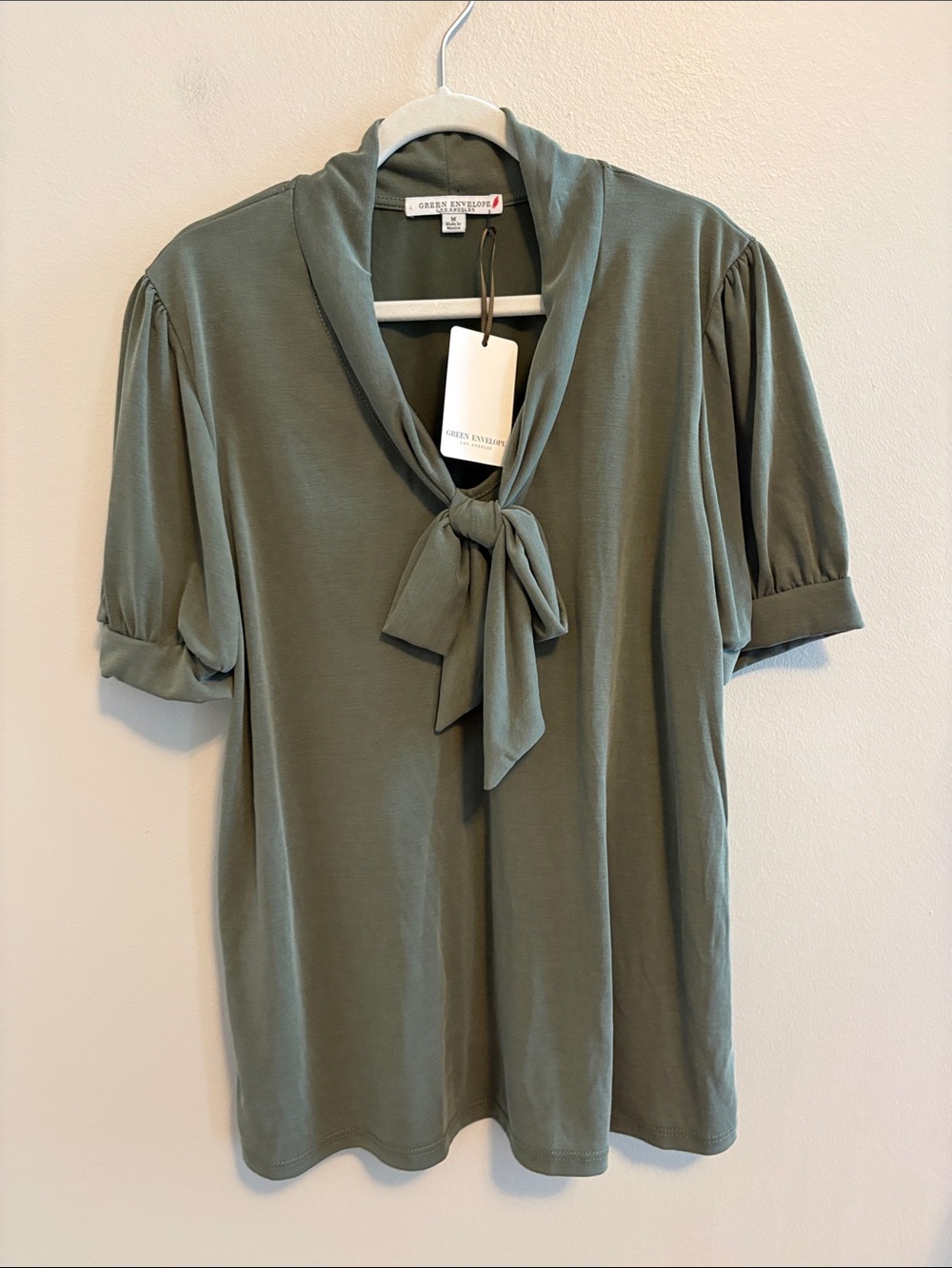 Green Envelope Olive Tie-Neck Puff Sleeve Blouse NWTS